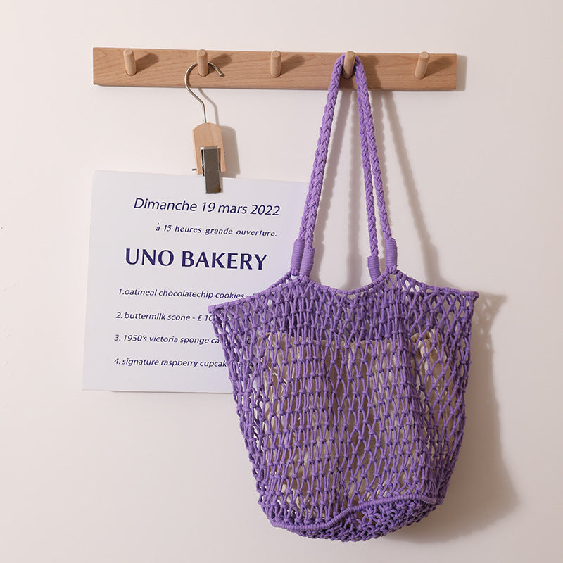 Simple Korean Cotton Woven Bag Large Capacity Mesh Shoulder Straw Bag Handmade Niche Women Bag Casual Vacation Beach Bag