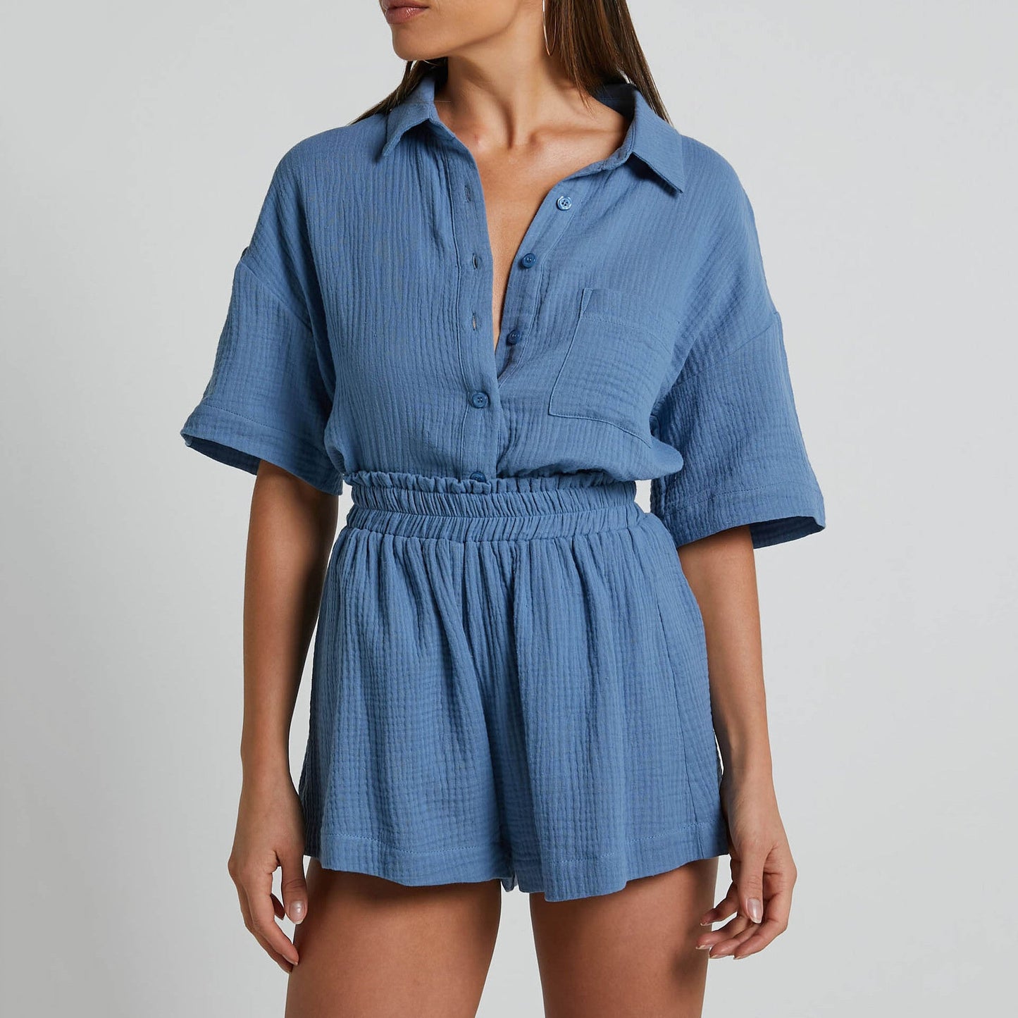 Solid Color Shirt Outfit Women Casual Loose Short Sleeves Single Breasted Women Clothing Spring Summer Shorts Two Piece Set
