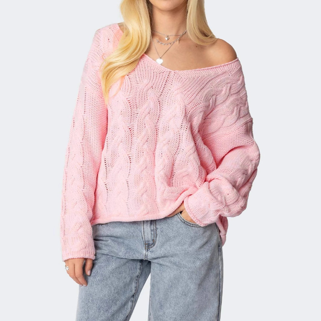 Autumn Solid Color Loose Lazy V neck Twist Knitted Pullover Sweater Women Top
