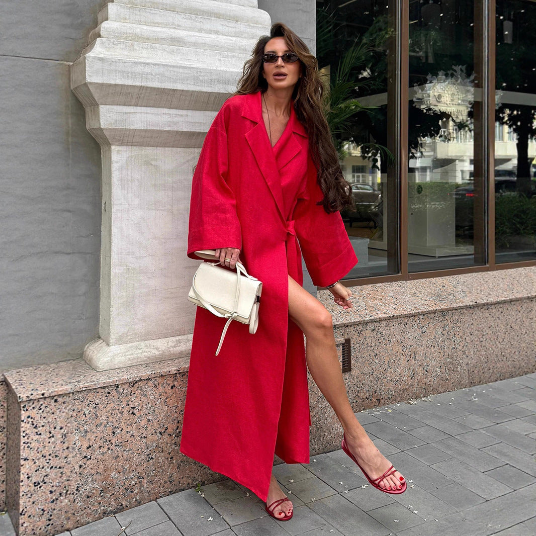 Cotton Linen Dress Women Autumn Lazy Casual Loose Robe Collared Tied Maxi Dress