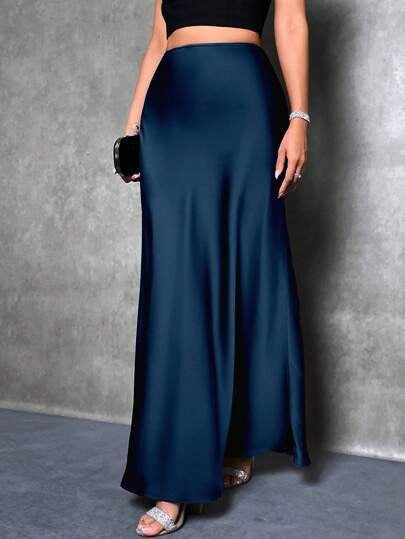 Satin Skirt Autumn Winter Simple A line Long Skirt Women Clothing