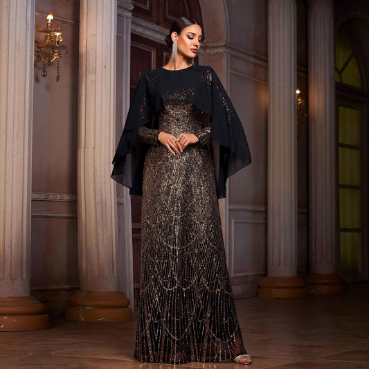 Women Clothing High Grade Long Sleeved round Neck Shawl Cocktail Sequined A Swing Evening Dress Women