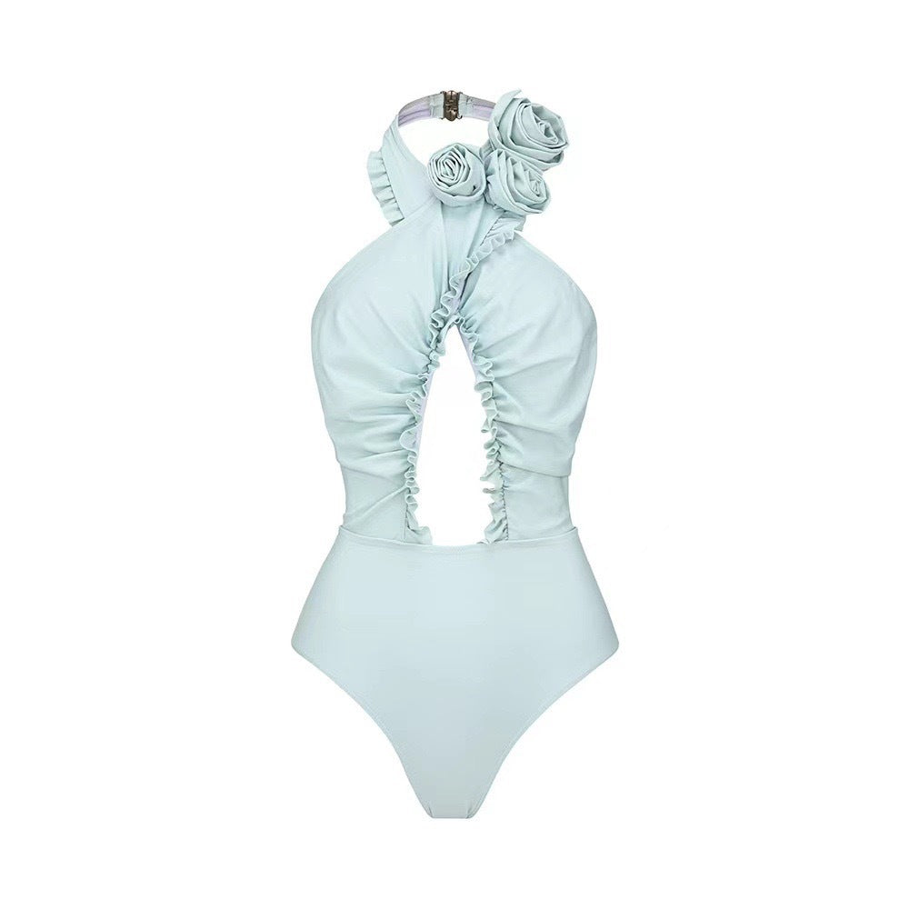 Lonkey French Two Sets Women Swimsuit Solid Color Flying Edge Cross Hollow Out Cutout-out Swimsuit Women