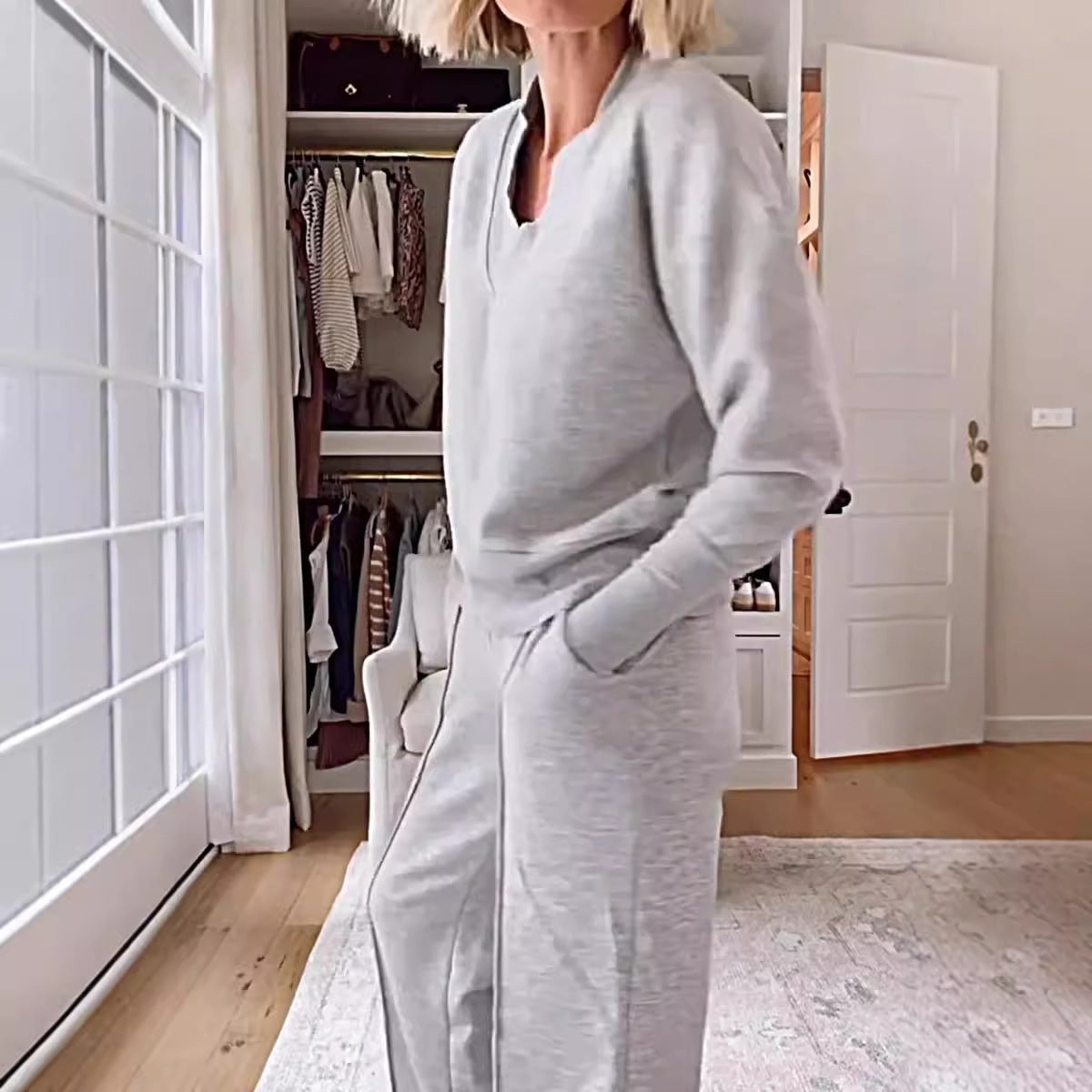Autumn Casual V neck Long Sleeve Loose Top Wide Leg Pants Two Piece Set
