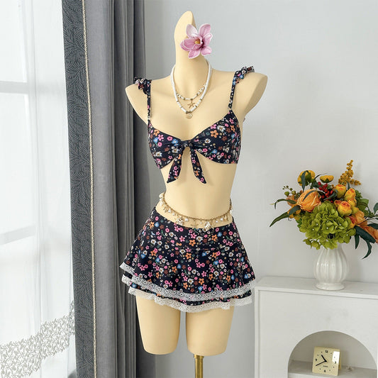 Floral Flounce Sling Small Fresh Split Swimwear Swimsuit Bikini Beach Vacation