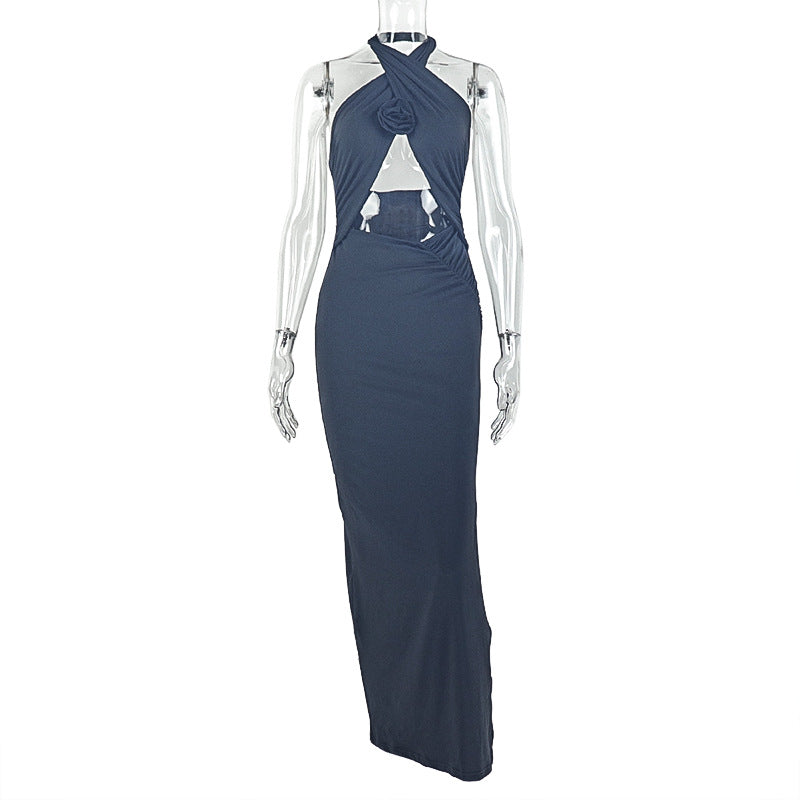Women Clothing Hollowed Split Pleated Backless Hip Dress Cross Halterneck Solid Color Length Dress