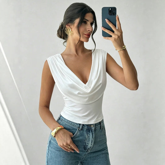 Summer Swing Collar Sleeveless T shirt Waist Slimming Sexy Short Top Women