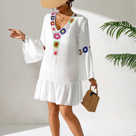 Ladies National Holiday Beach Dress Women Ruffled Stitching Random Mixed Color Crochet V neck Dress