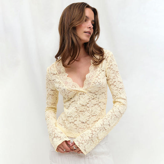 Lace V neck Long Sleeve Shirt Autumn Sexy Hollow Out Cutout Bottoming Shirt Lace Shirt Women Shirt