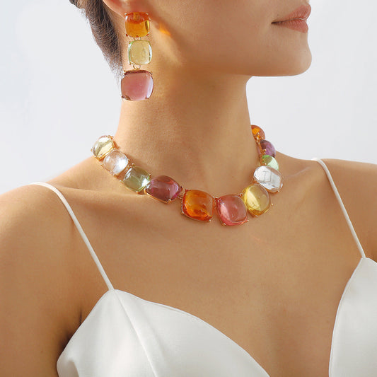 Ornament Personality Magazine Alloy Rhinestone Necklace Earrings for Women