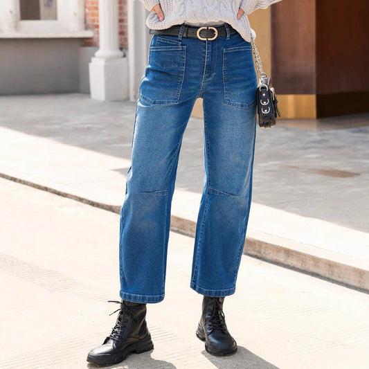 Retro Deconstruction Tooling Patch Pocket Washed Curved High Waist Jeans Women