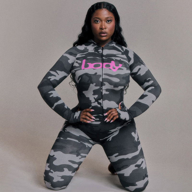 Fall Women Clothing Hooded Top Camouflage Print Sports Slim Fitting Trousers Two Piece Sets