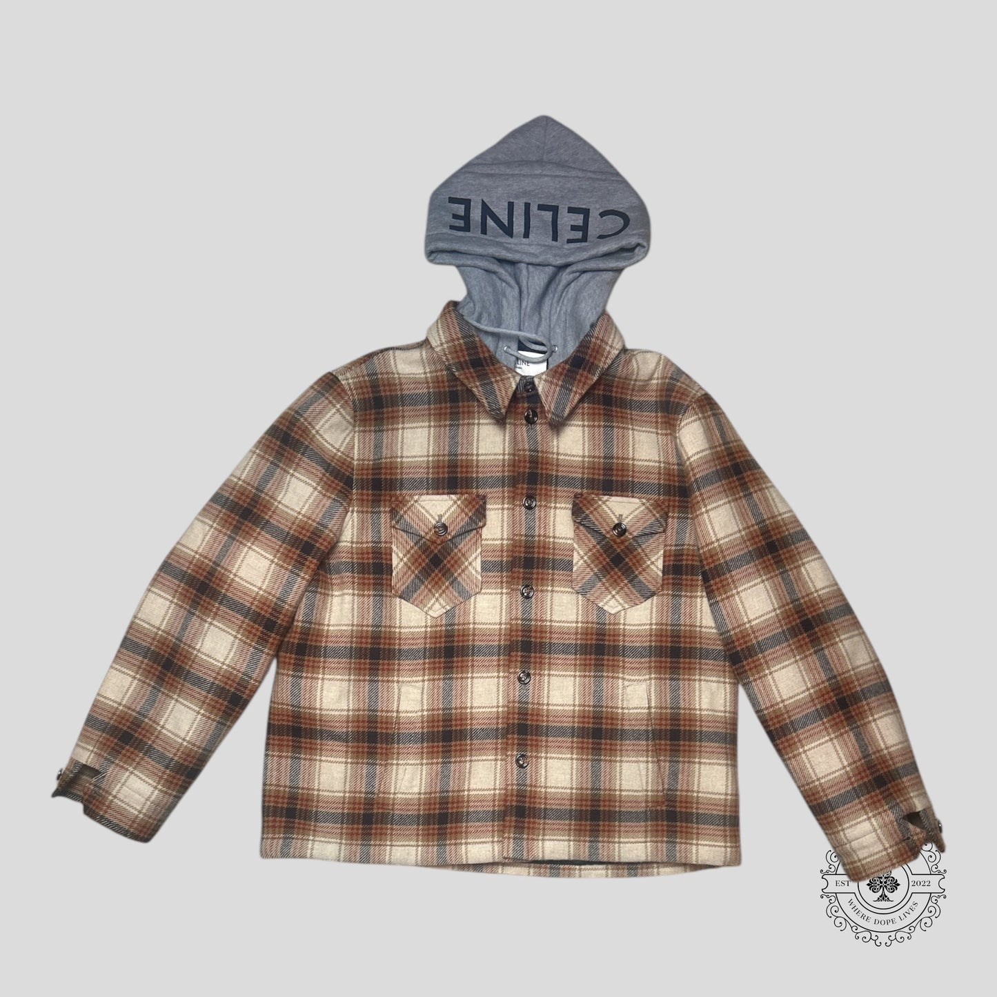 Celine Logo Hoodie Checkered Wool Hooded Overshirt in Brown/Black/Red