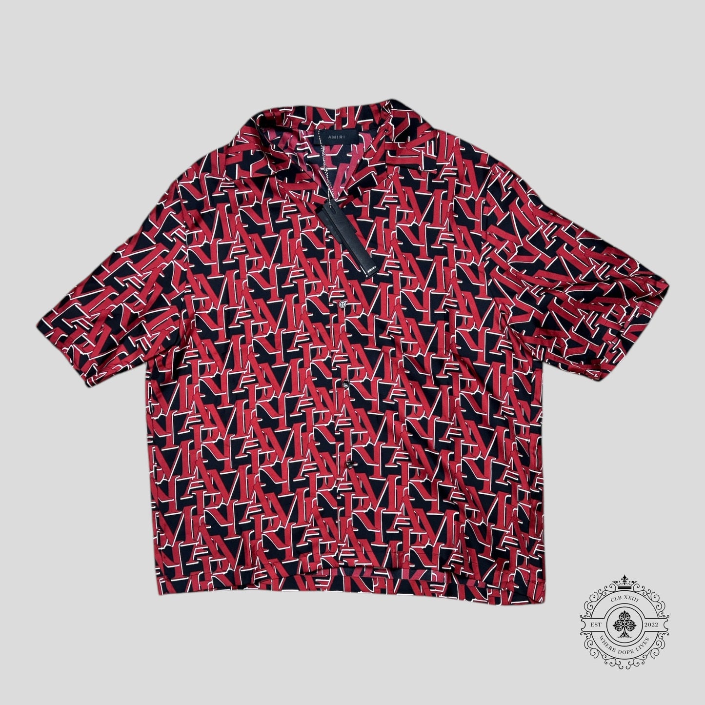 Amiri Staggered Logo Silk Button Up Bowling Shirt in Red/Black