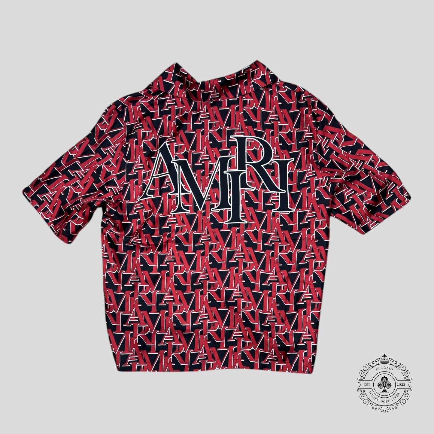 Amiri Staggered Logo Silk Button Up Bowling Shirt in Red/Black