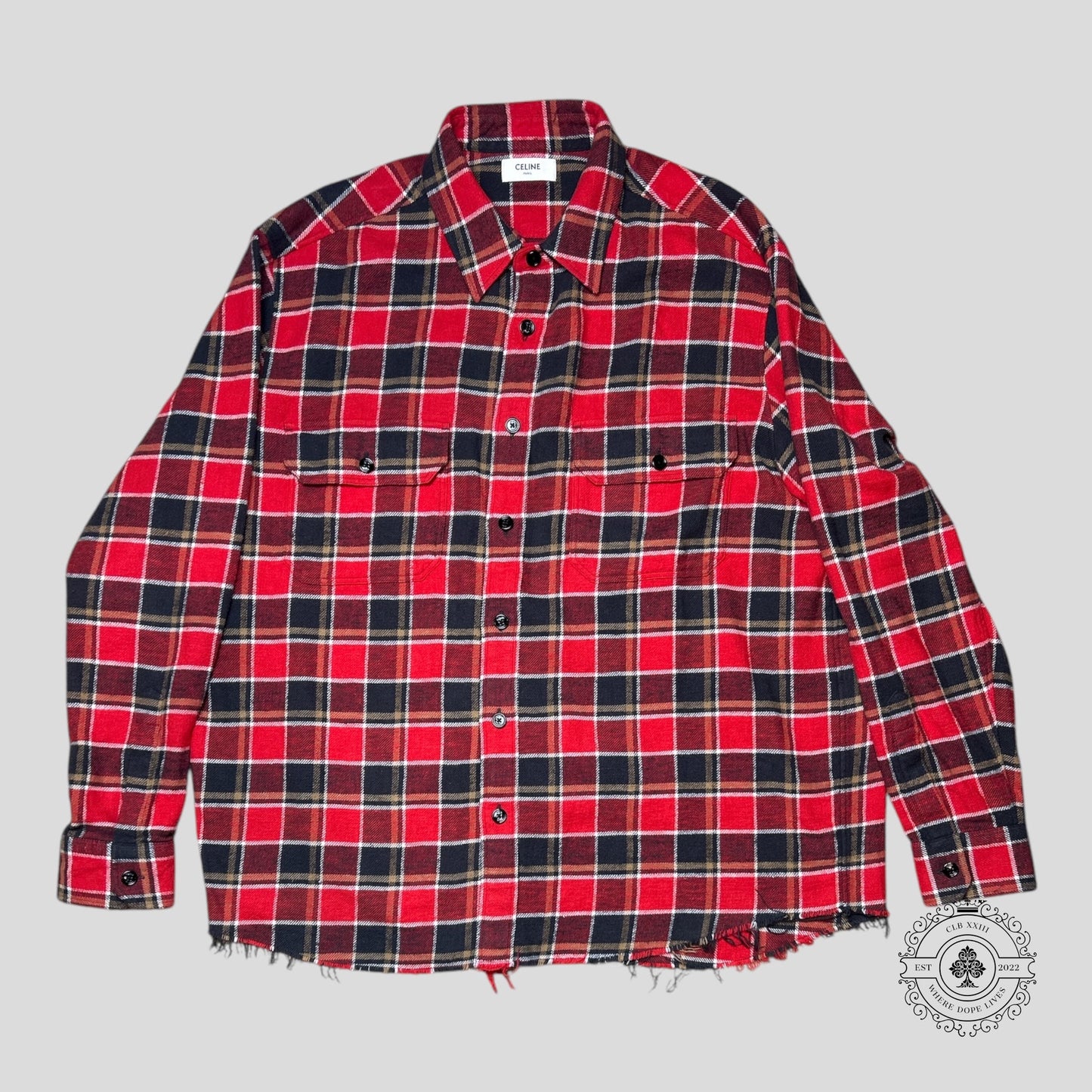 Celine Checked Flannel Worn Hem Overshirt in Red/Black/White/Yellow