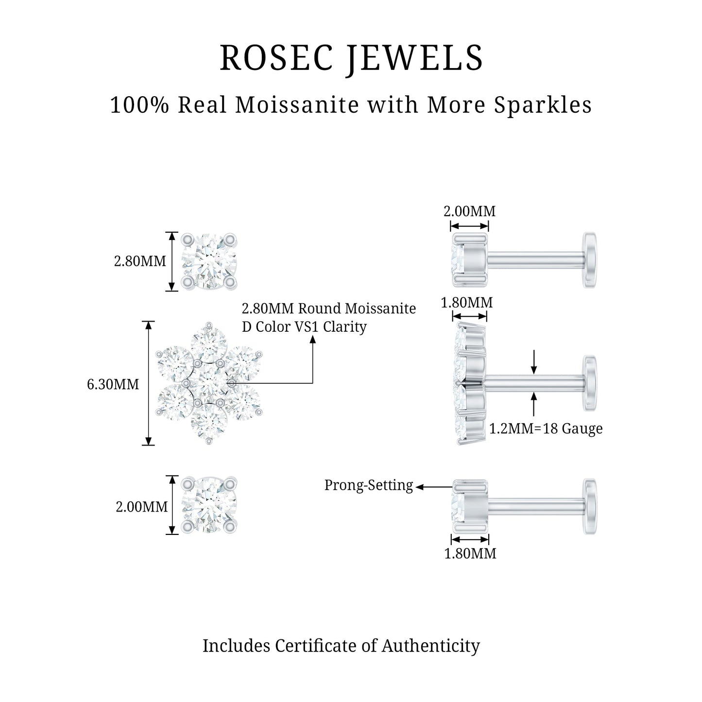 Moissanite Flower Triple Earrings Set for Cartilage Piercing
