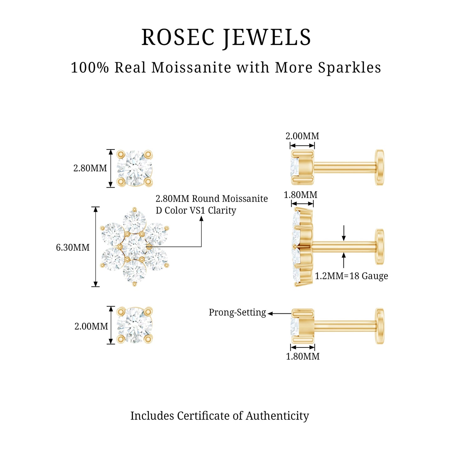 Moissanite Flower Triple Earrings Set for Cartilage Piercing
