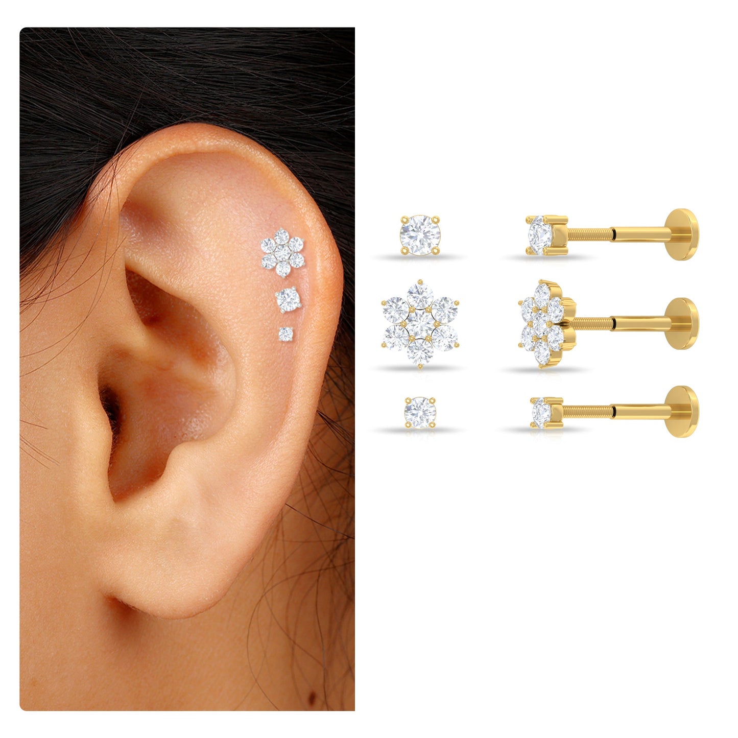 Moissanite Flower Triple Earrings Set for Cartilage Piercing