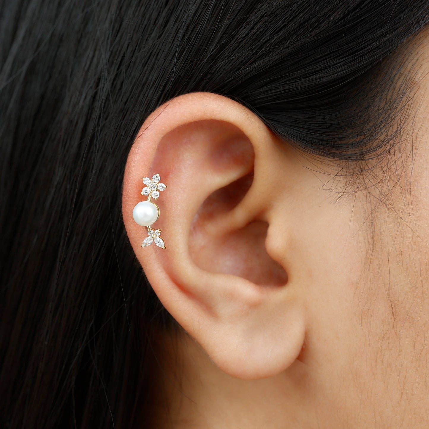 Nature Inspired Freshwater Pearl and Diamond Crawler Earring