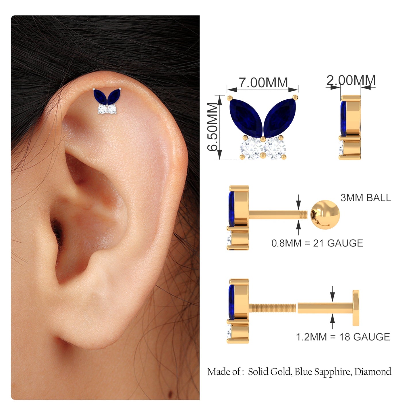 Marquise Blue Sapphire Butterfly Helix Earring with Diamond
