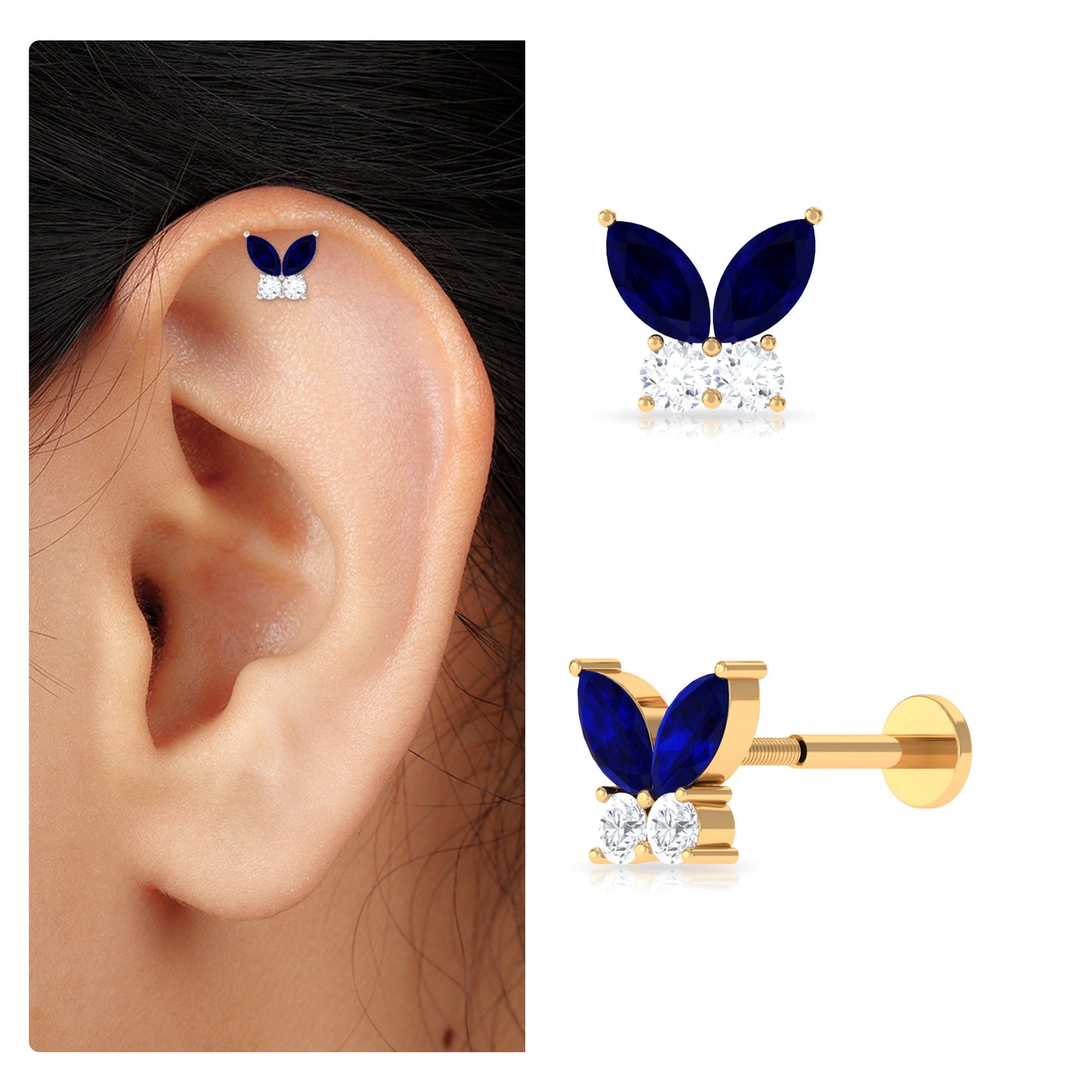Marquise Blue Sapphire Butterfly Helix Earring with Diamond