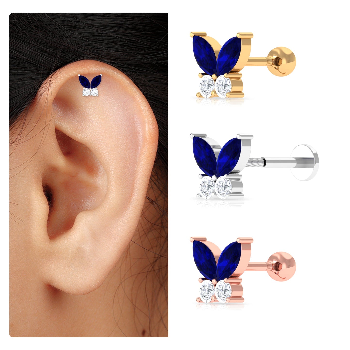 Marquise Blue Sapphire Butterfly Helix Earring with Diamond