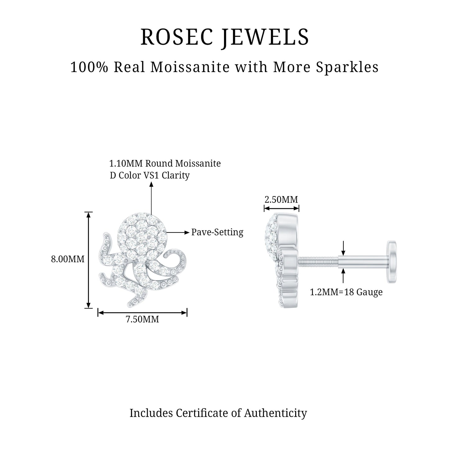 Moissanite Octopus Earring for Cartilage Piercing