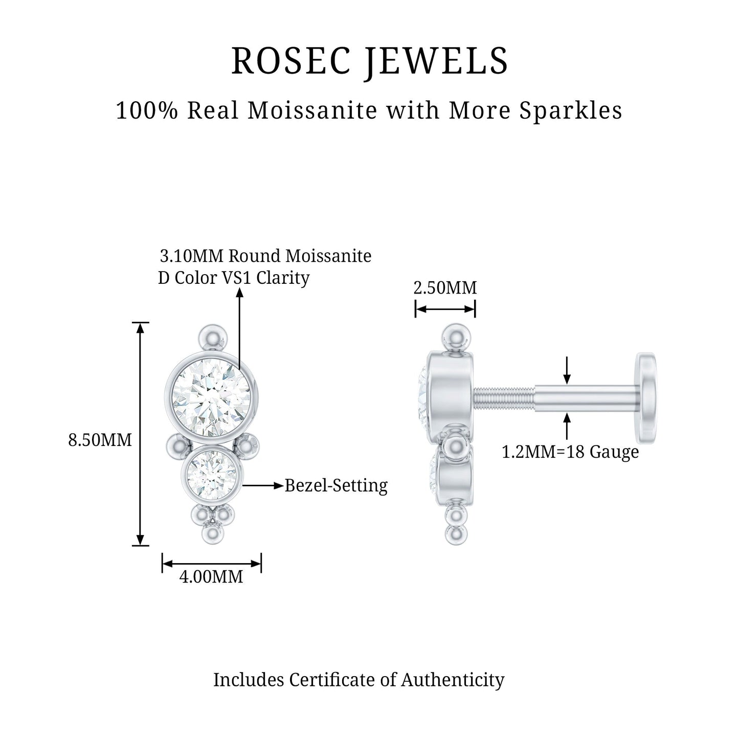Simple Bezel Set Moissanite Two Stone Tragus Earring