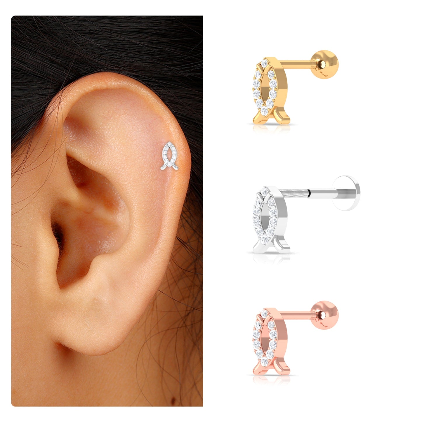 Real Diamond Fish Earring for Tragus Piercing
