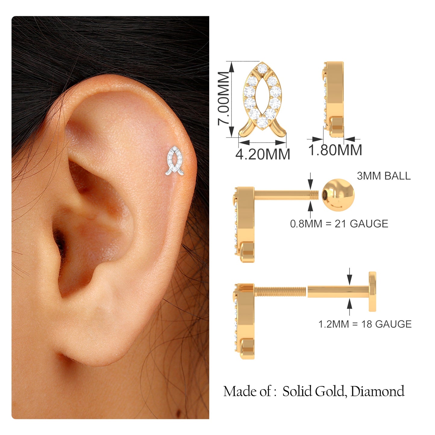 Real Diamond Fish Earring for Tragus Piercing