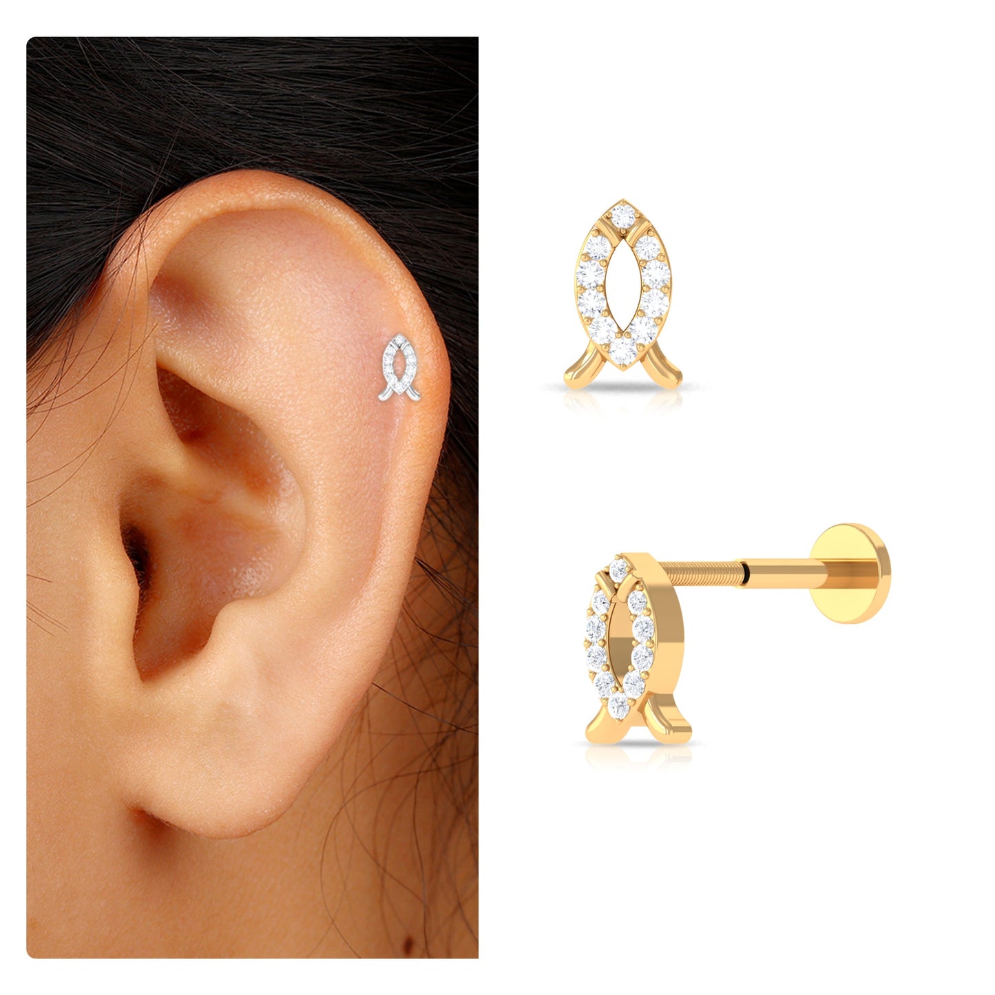 Real Diamond Fish Earring for Tragus Piercing