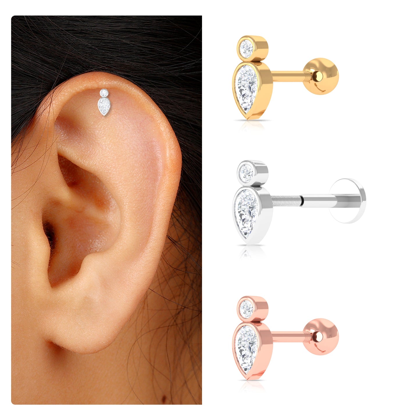 Pear and Round Moissanite Dainty Tragus Earring