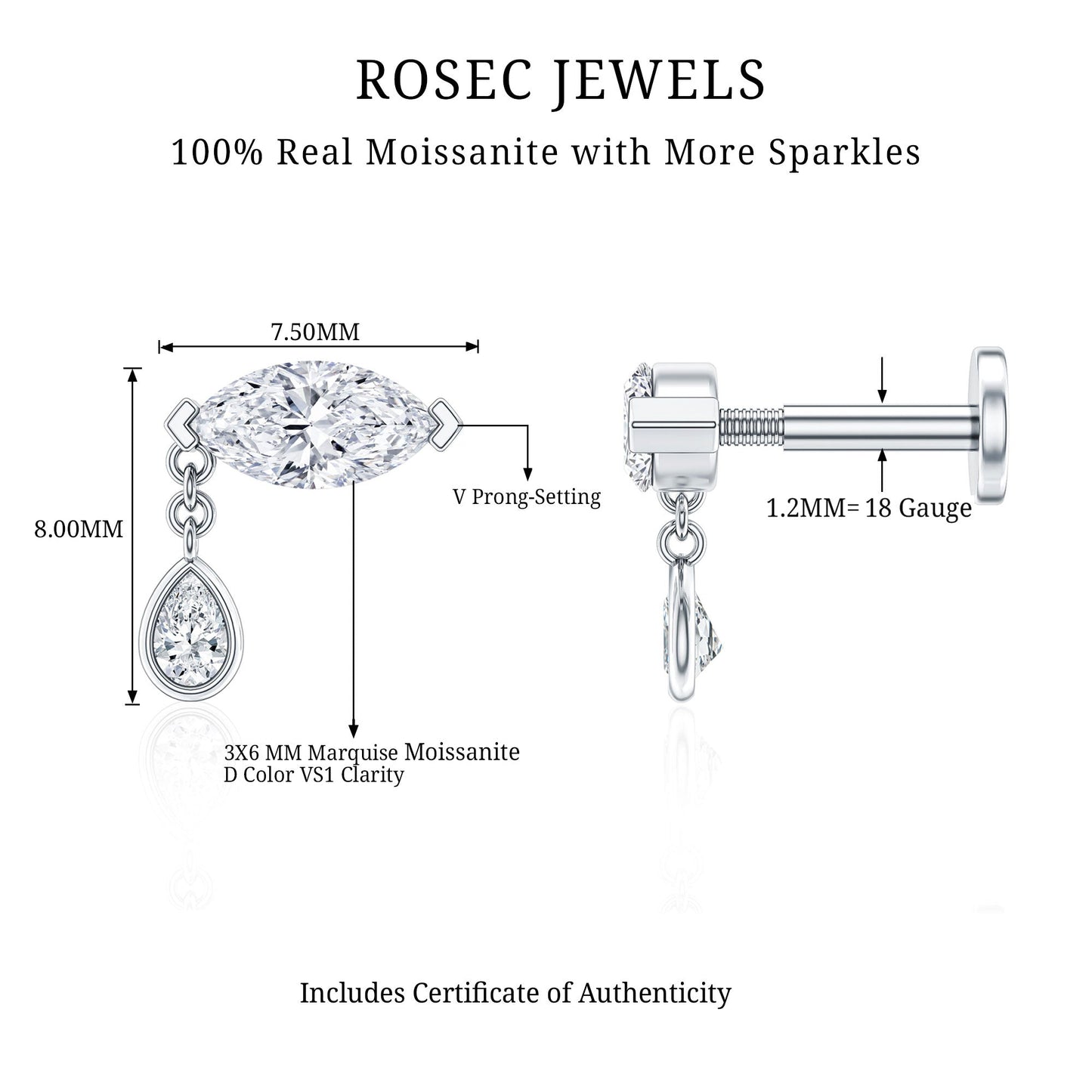 Marquise Moissanite Dangle Cartilage Earring
