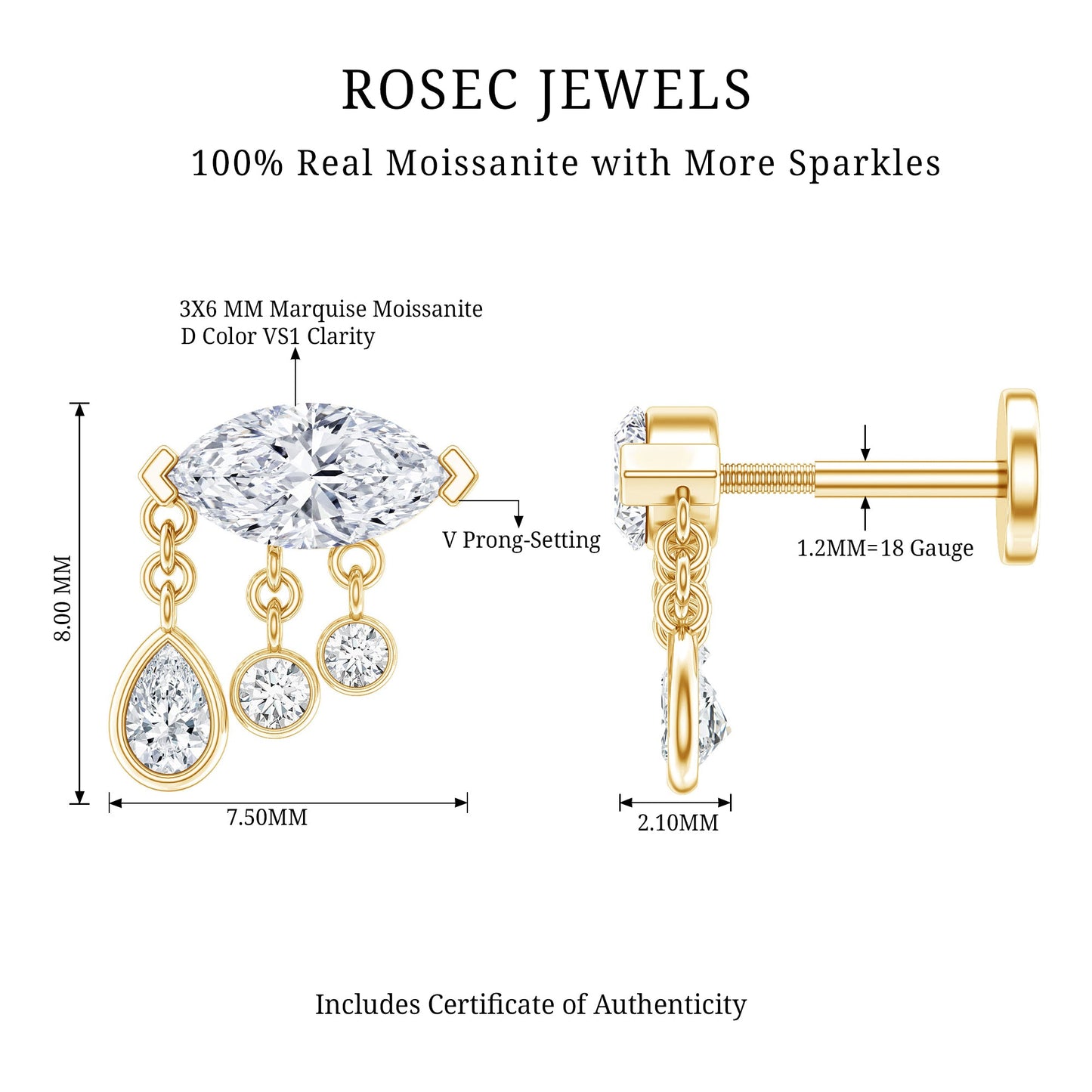Marquise Cut Moissanite Cartilage Dangle Earring