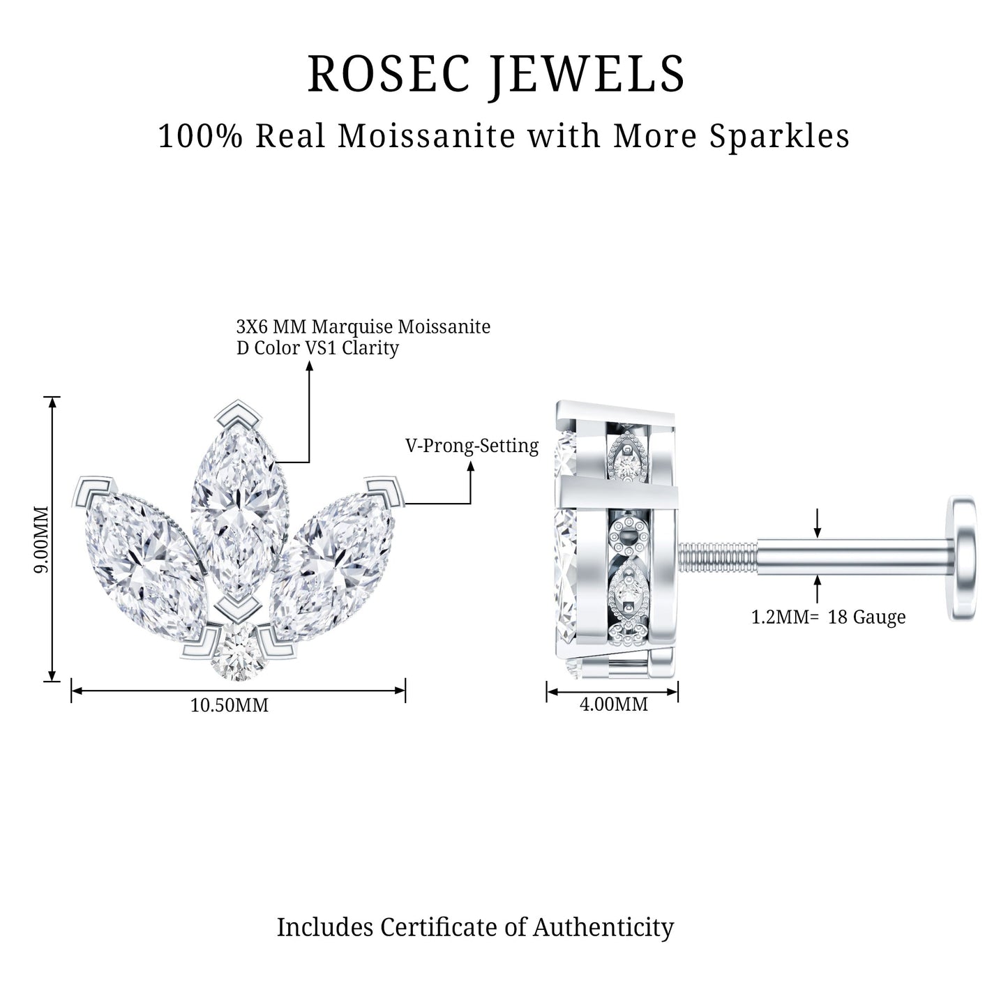 Certified Moissanite Marquise Lotus Piercing Stud