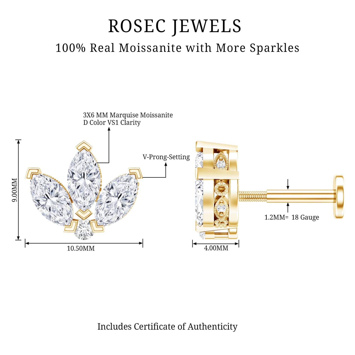 Certified Moissanite Marquise Lotus Piercing Stud