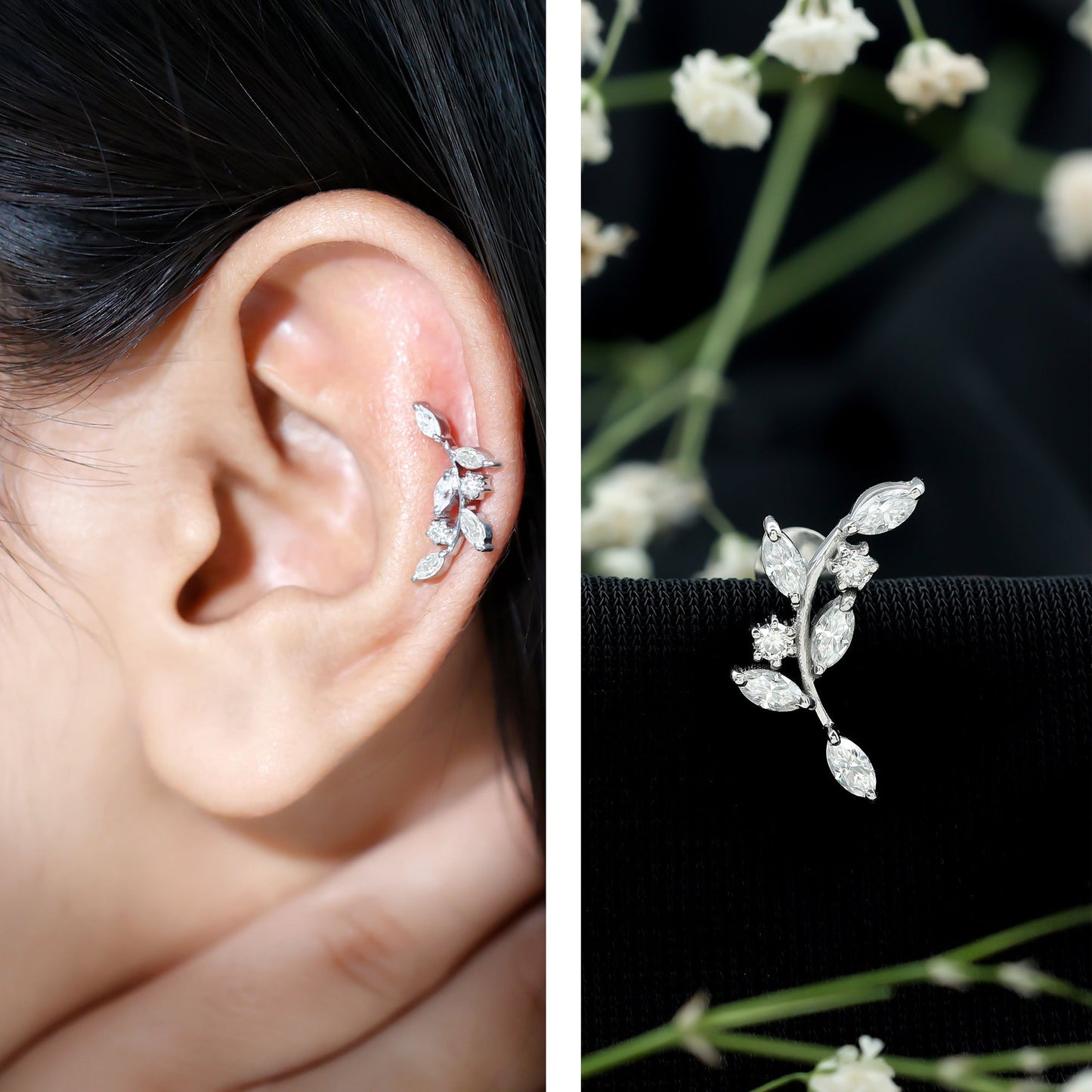 Certified Moissanite Leaf Climber Earring for Helix Piercing