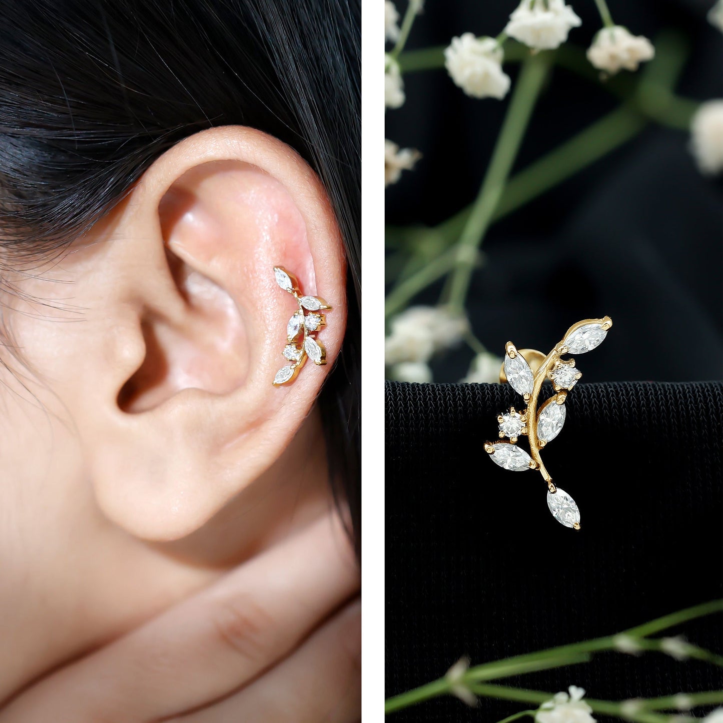 Certified Moissanite Leaf Climber Earring for Helix Piercing