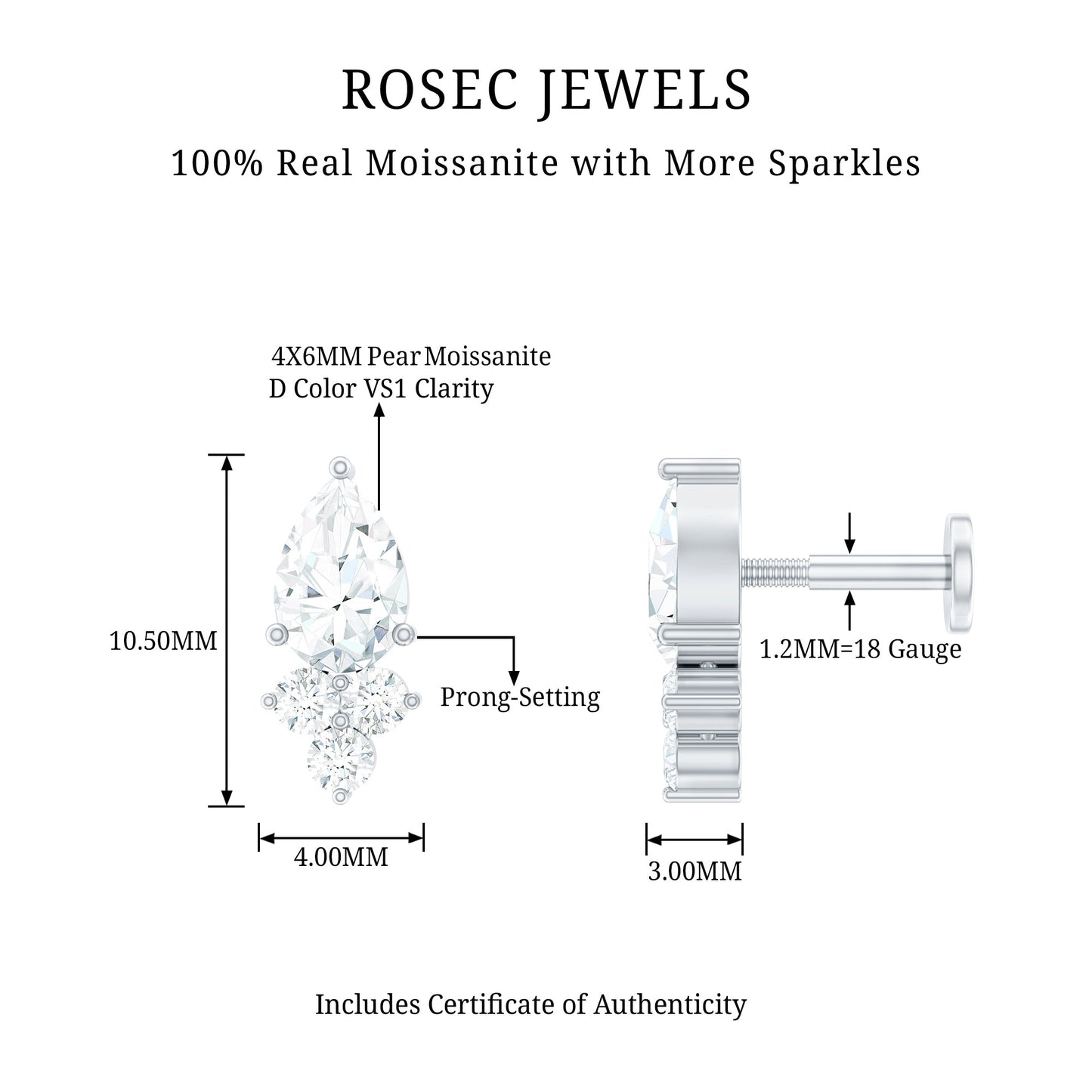 Pear and Round Moissanite Cluster Cartilage Earring