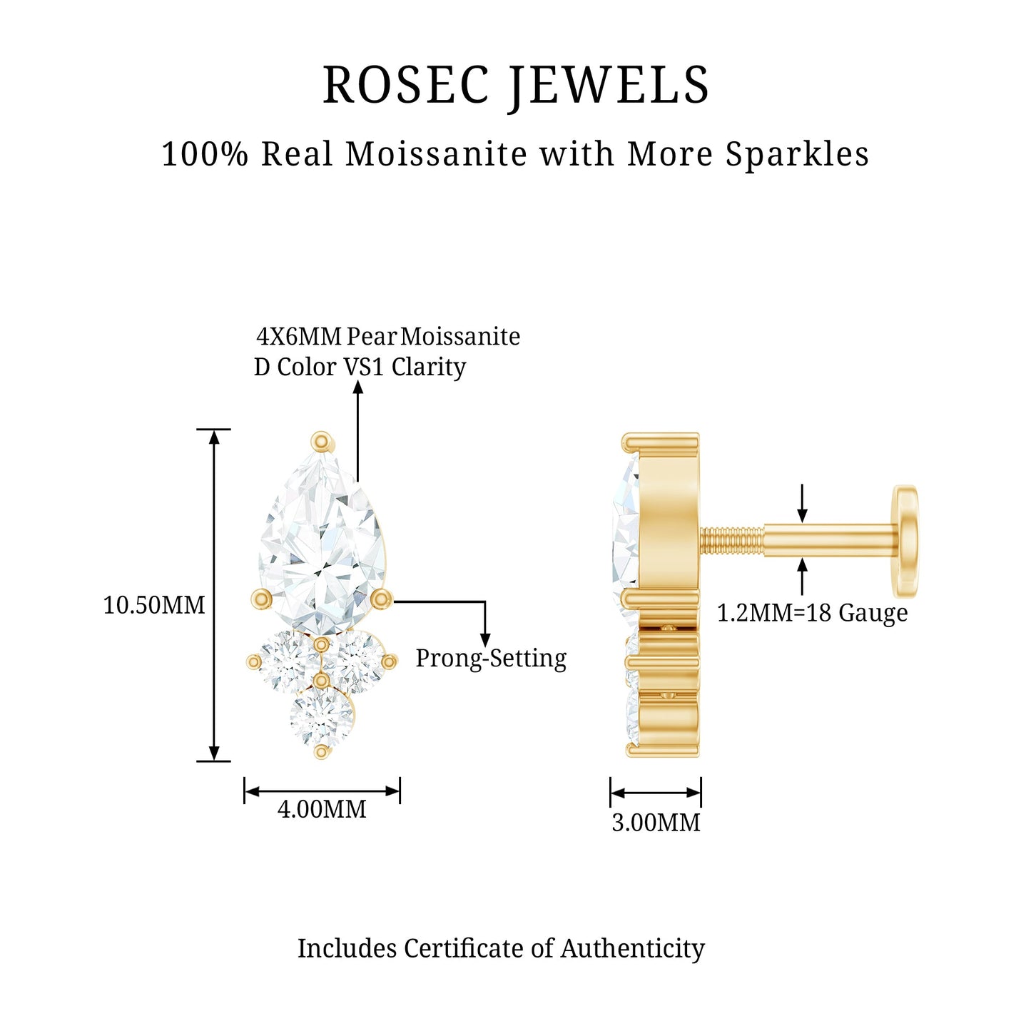 Pear and Round Moissanite Cluster Cartilage Earring