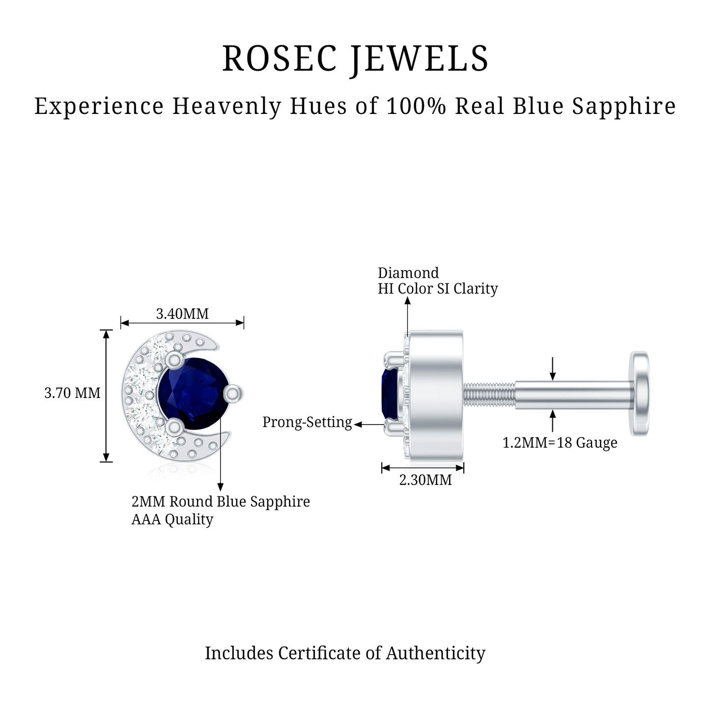 Genuine Blue Sapphire and Diamond Celestial Nose Pin