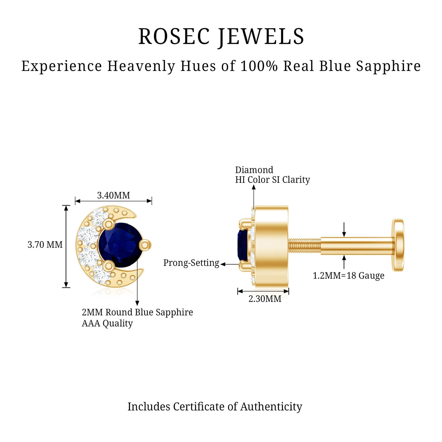 Genuine Blue Sapphire and Diamond Celestial Nose Pin