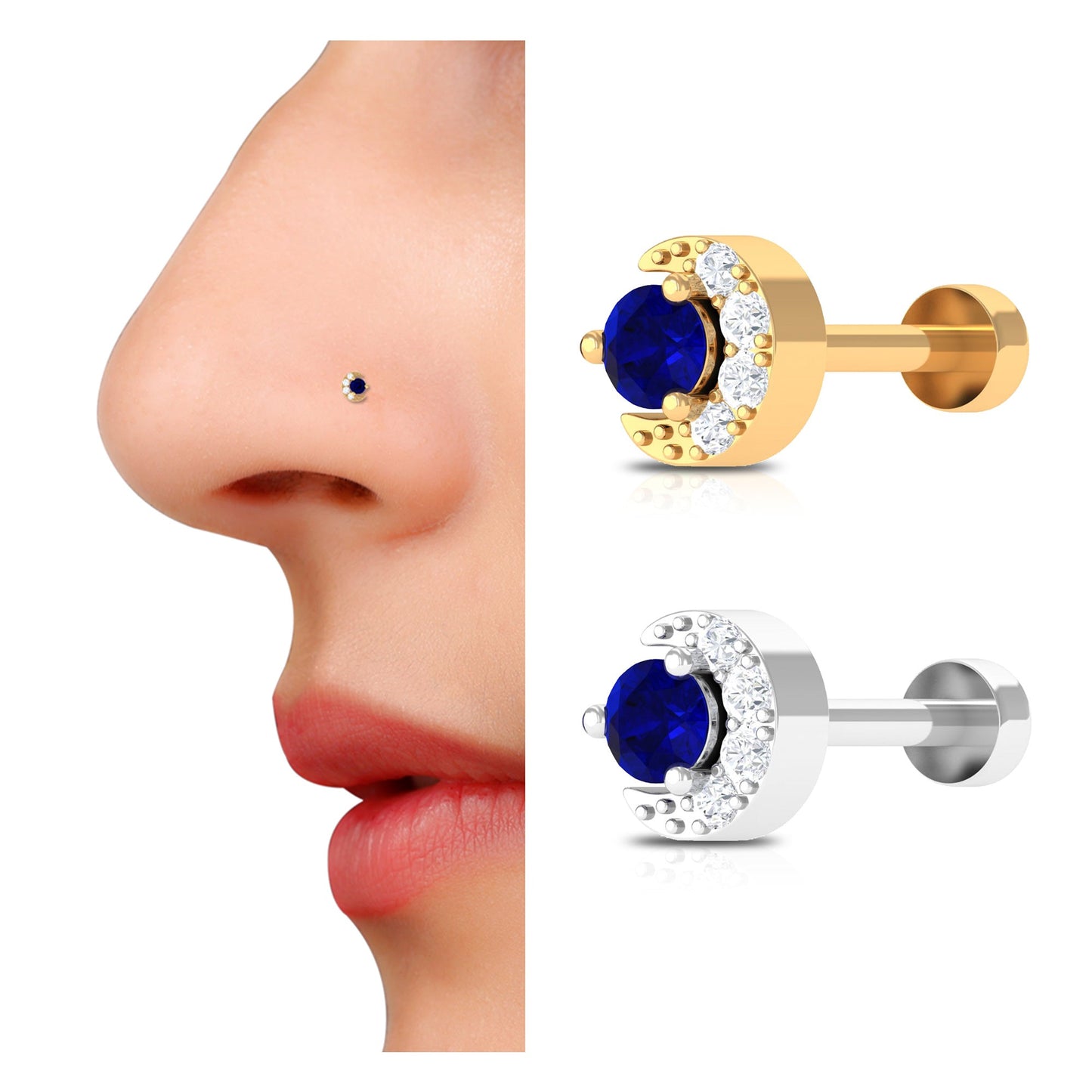 Genuine Blue Sapphire and Diamond Celestial Nose Pin
