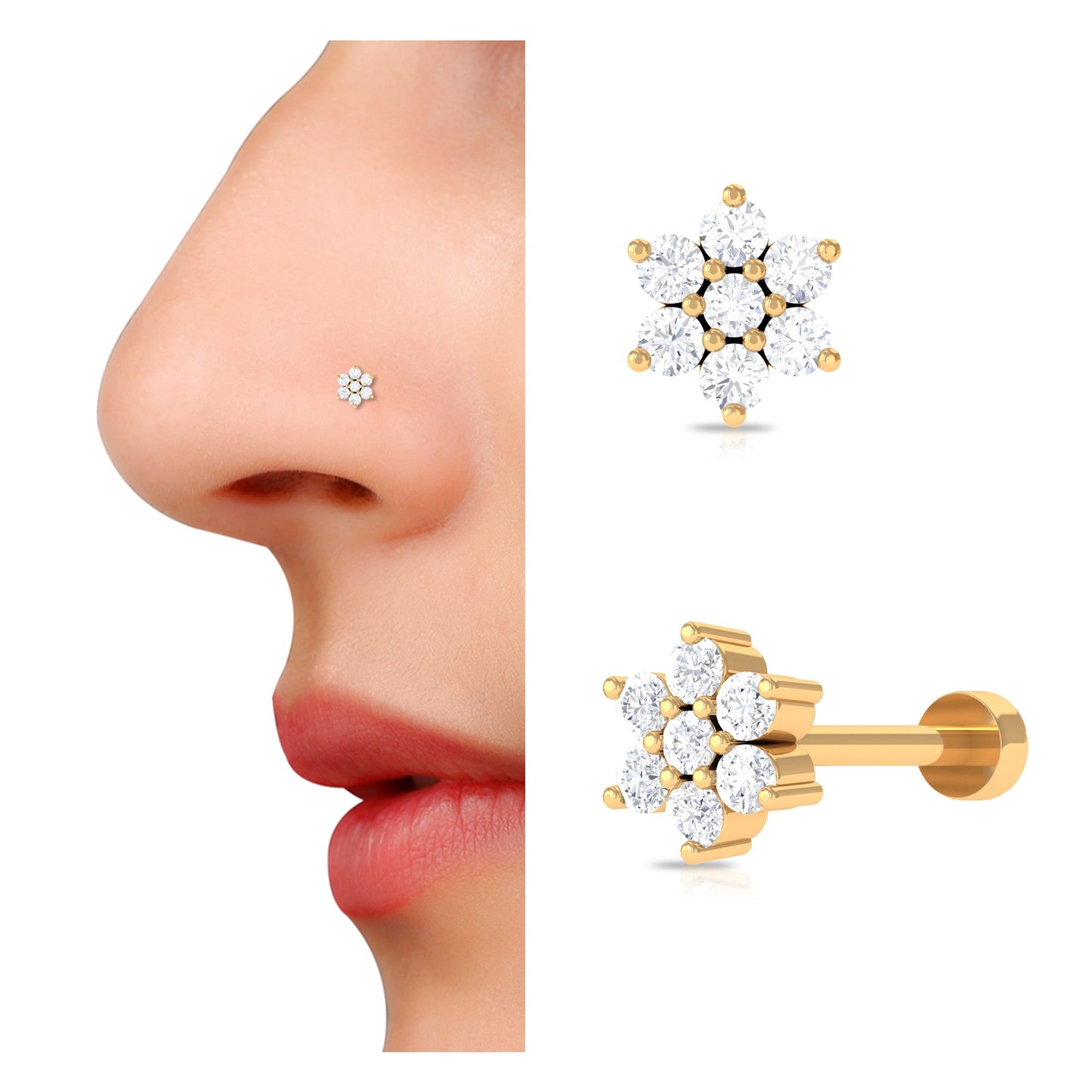 Round Cut Natural Diamond Flower Nose Stud For Women