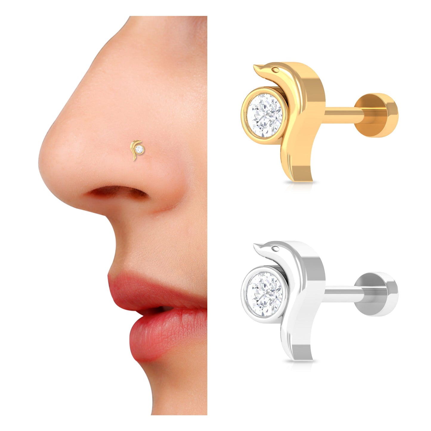 Bezel Set Round Diamond Dolphin Nose Ring