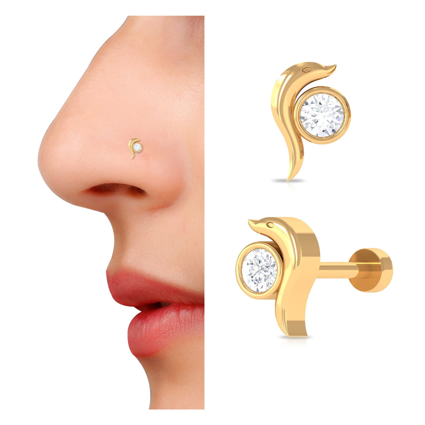 Bezel Set Round Diamond Dolphin Nose Ring