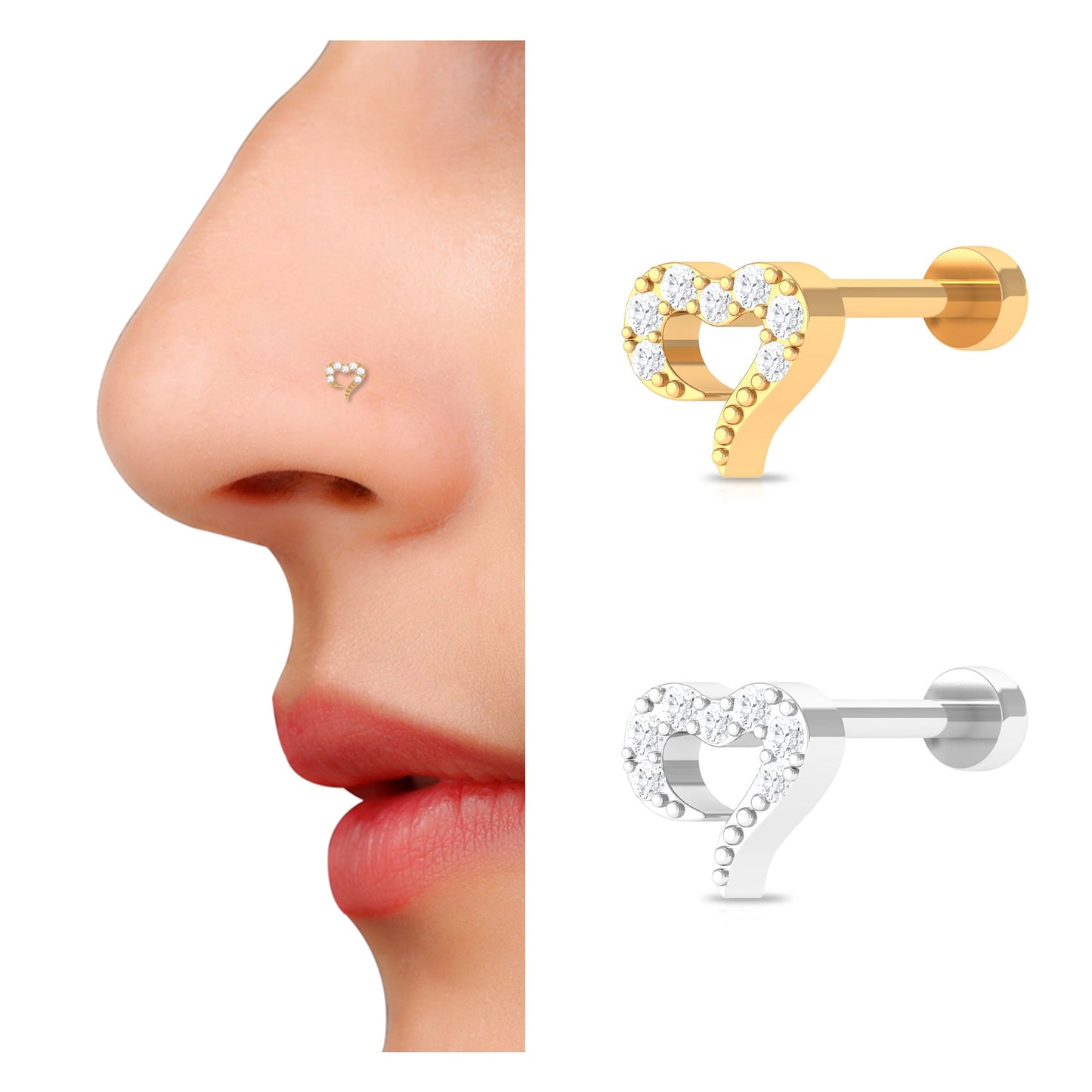 Round Shape Natural Diamond Heart Nose Pin