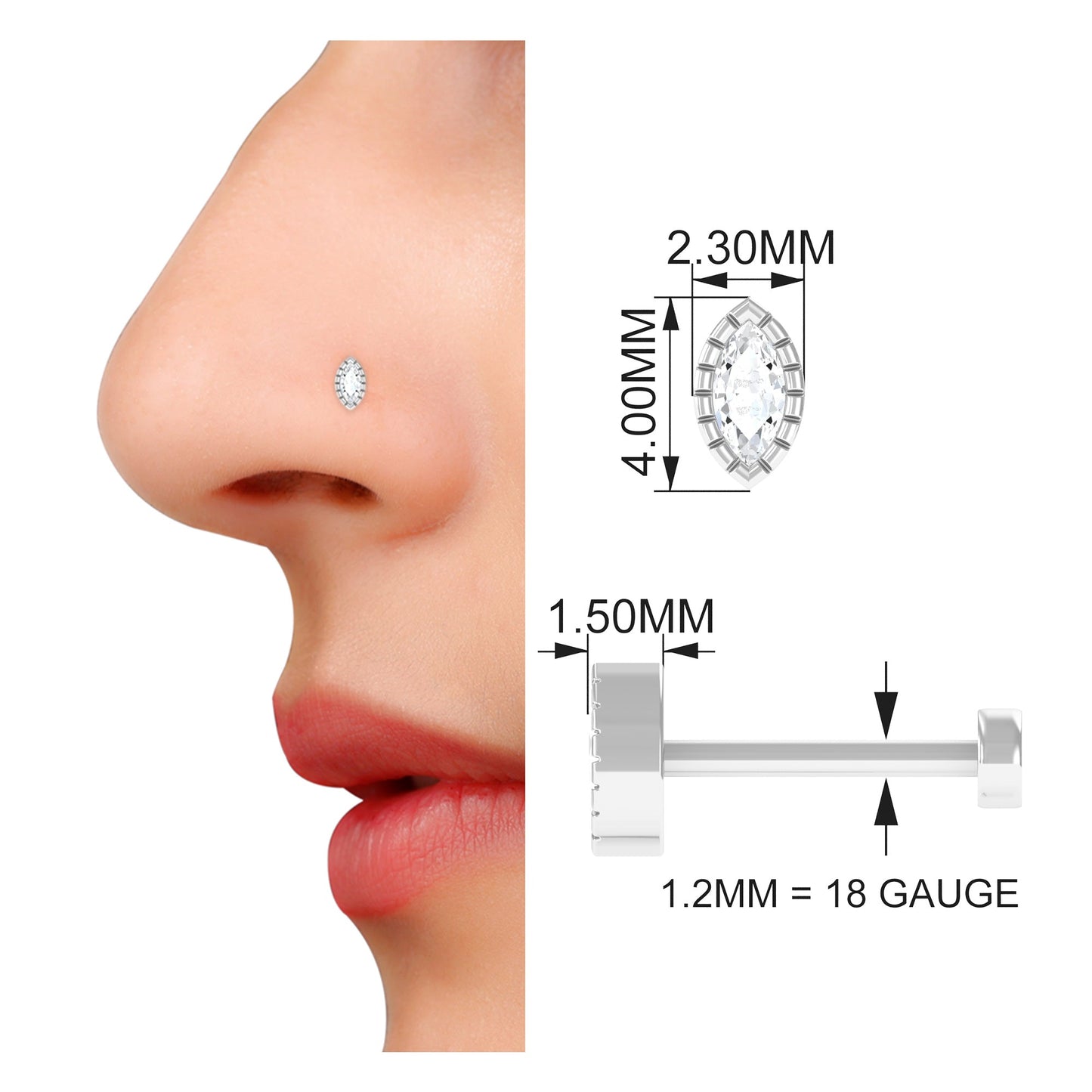 Marquise Diamond Simple Nose Stud in Bezel Setting