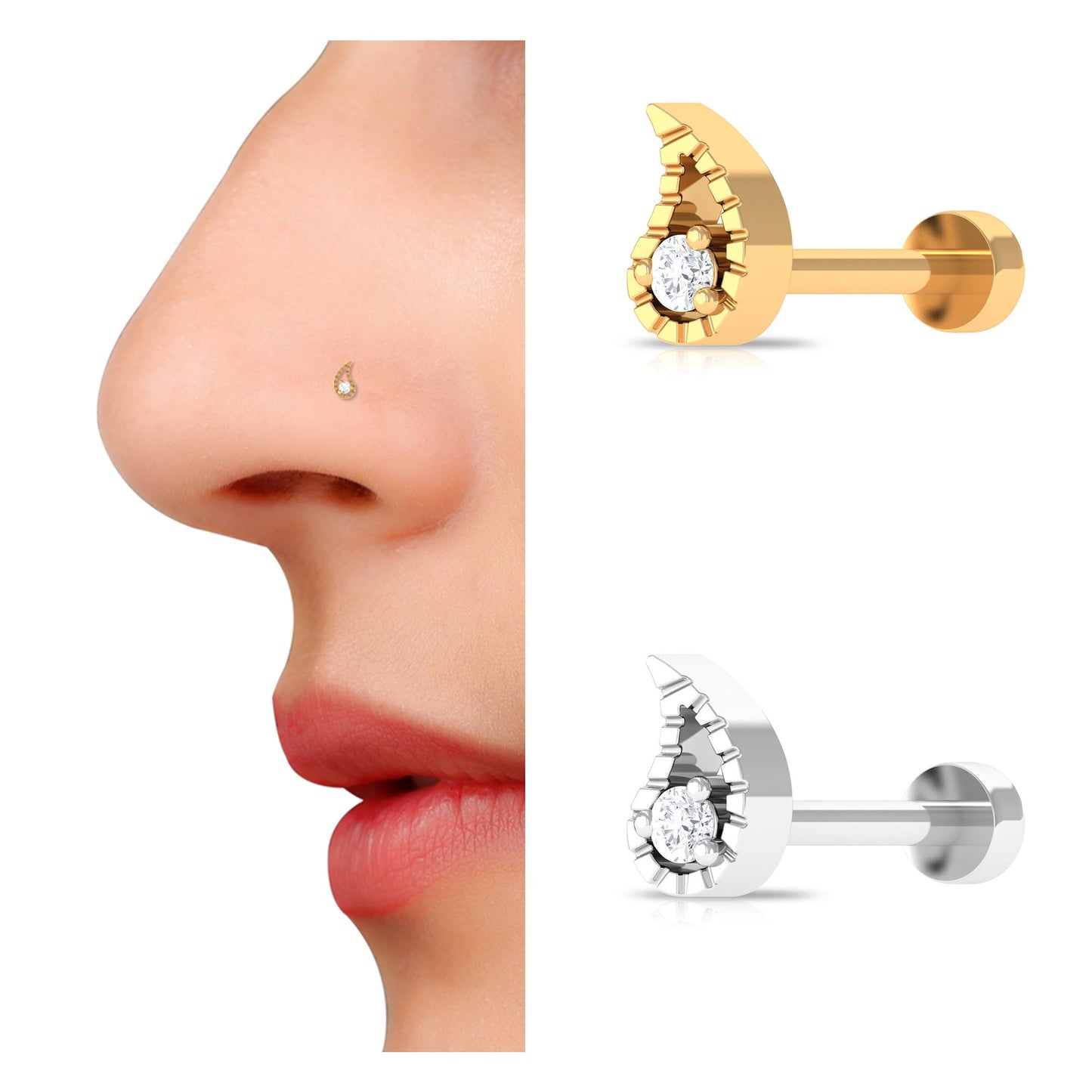Round Cut Diamond Leaf Nose Pin in Prong Setting